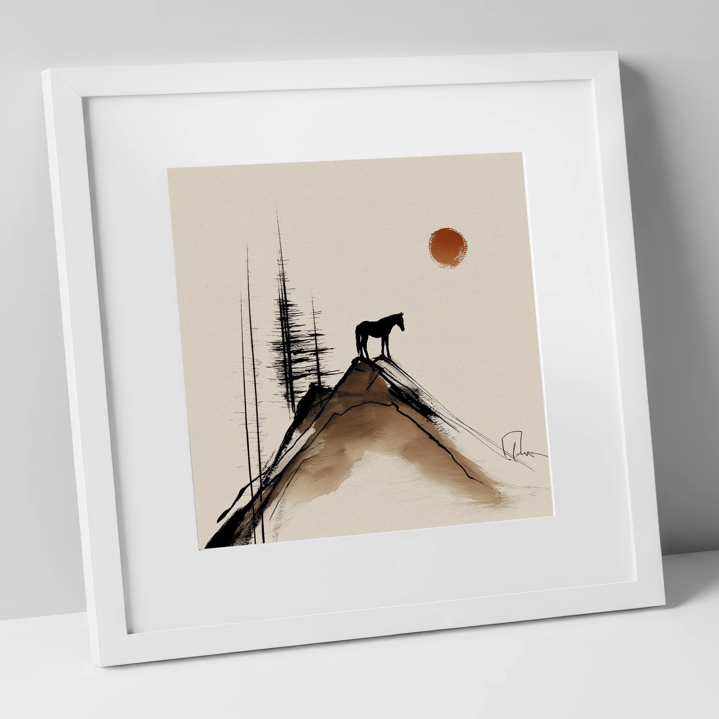 The Mountain Sentinel horse landscape art print in white frame