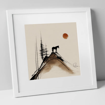 The Mountain Sentinel horse landscape art print in white frame