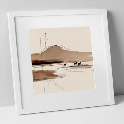 Sepia Equine Horizon horse landscape art print in white frame