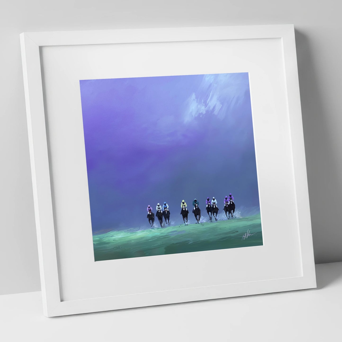 Charge Under Violet Skies racing horse art print in white frame