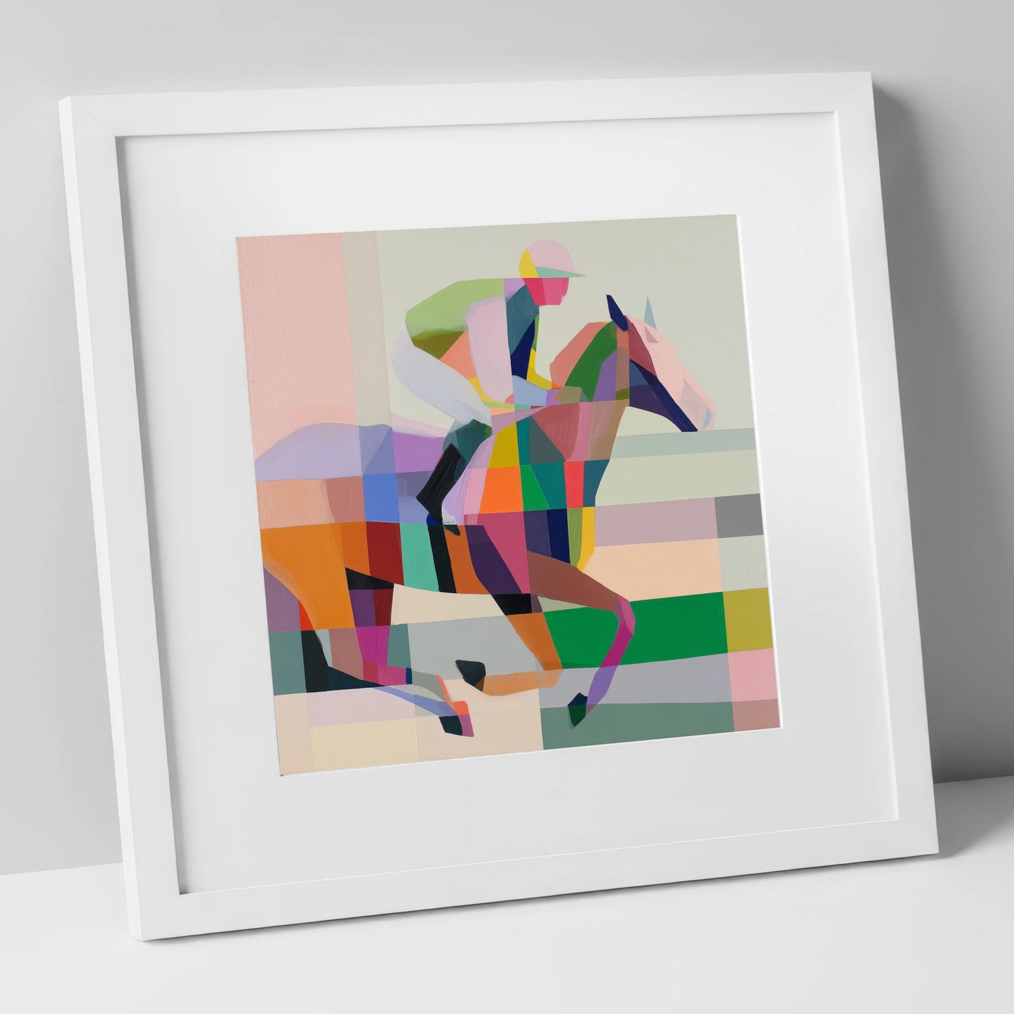 Prismatic Stride racing horse art print in white frame