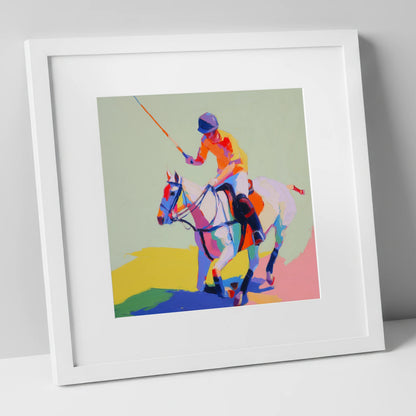 Vivid Midfield Strike polo horse art print in white frame