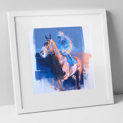 Quiet Anticipation racing horse art print in white frame