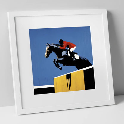 Suspended in Blue show jumping horse art print in white frame