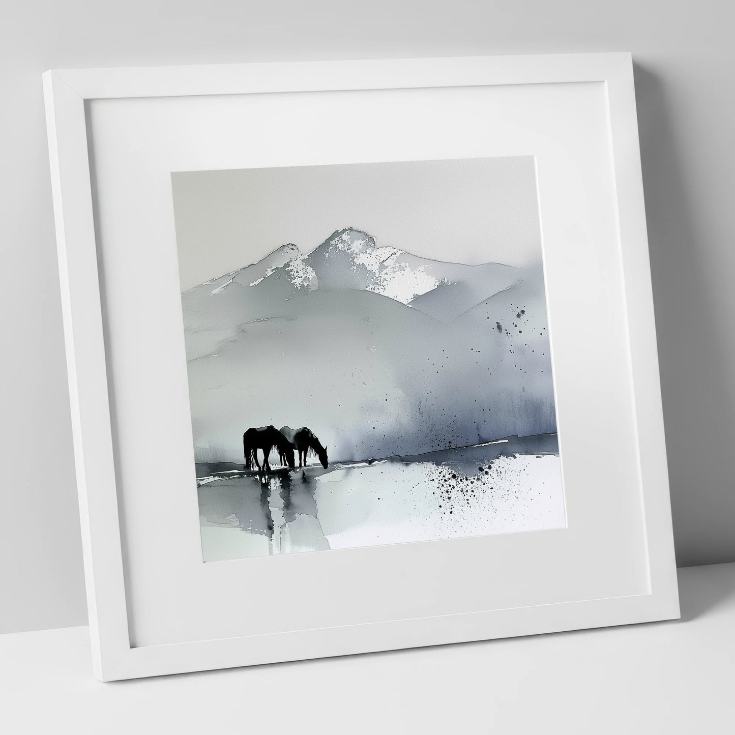 Mountain Mist Reflections horse landscape art print in white frame