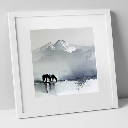 Mountain Mist Reflections horse landscape art print in white frame
