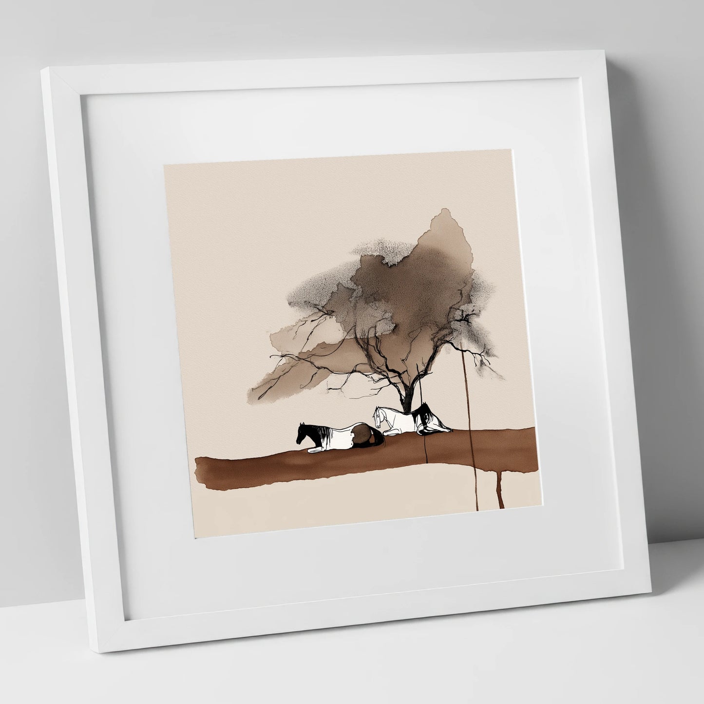 Resting Under the Canopy horse landscape art print in white frame