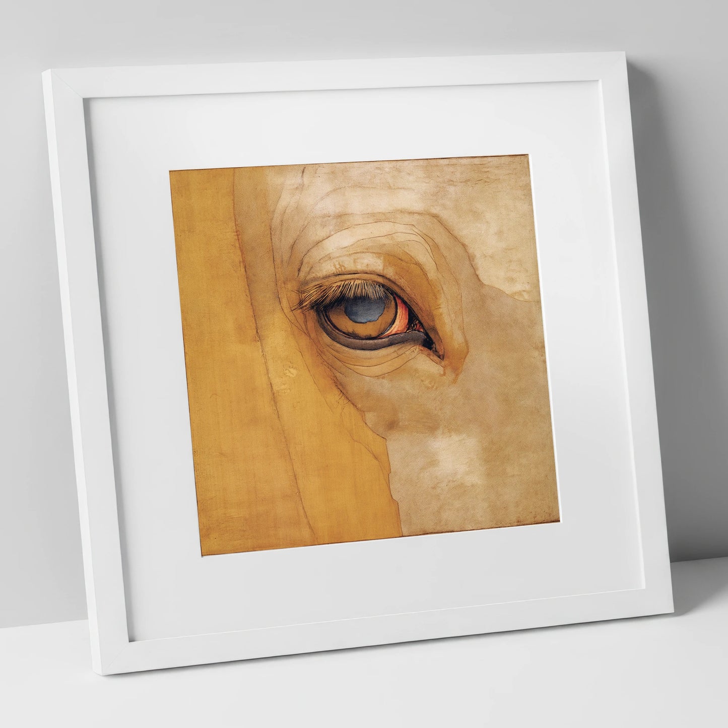 The Golden Gaze horse portrait art print in white frame