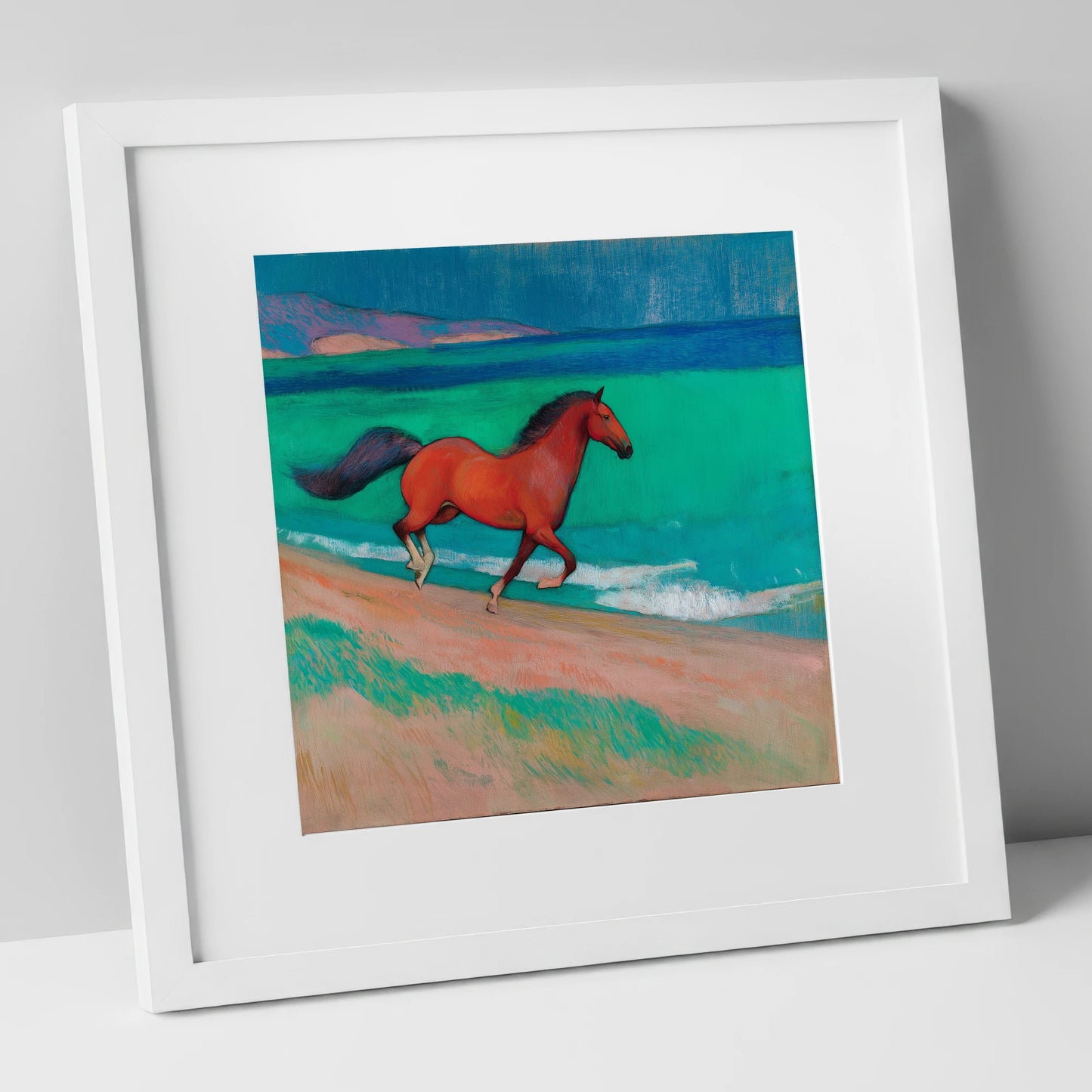 Crimson Coastal Canter horse landscape art print in white frame