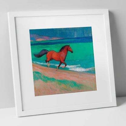 Crimson Coastal Canter horse landscape art print in white frame