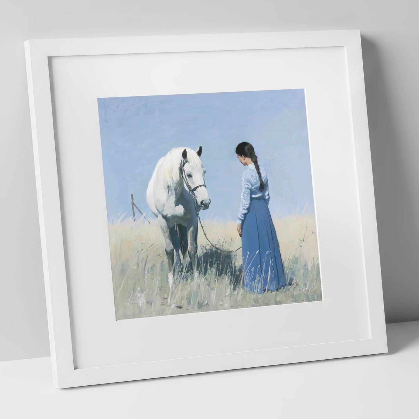 The Silent Conversation horse & rider art print in white frame
