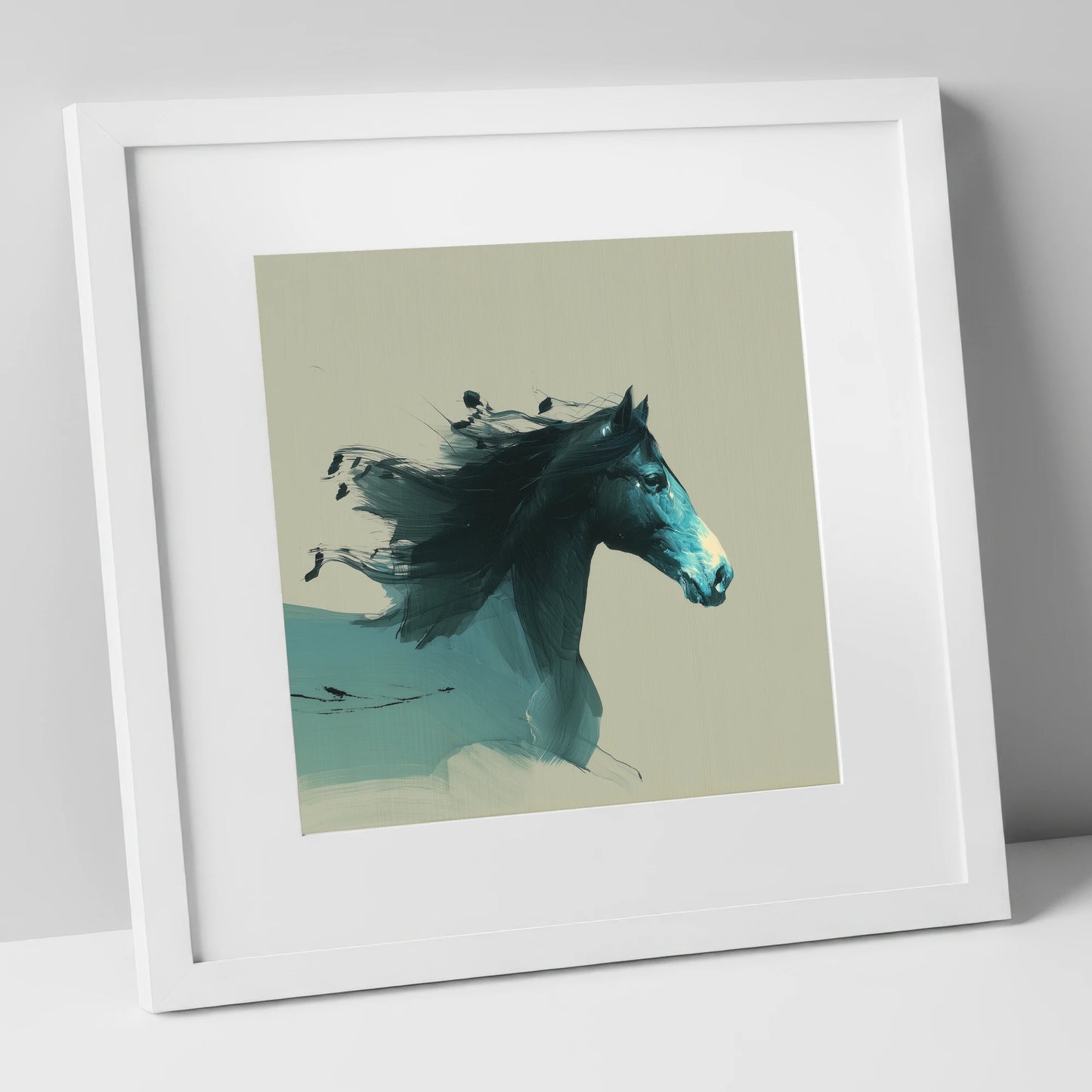Windswept in Teal horse breed art print in white frame