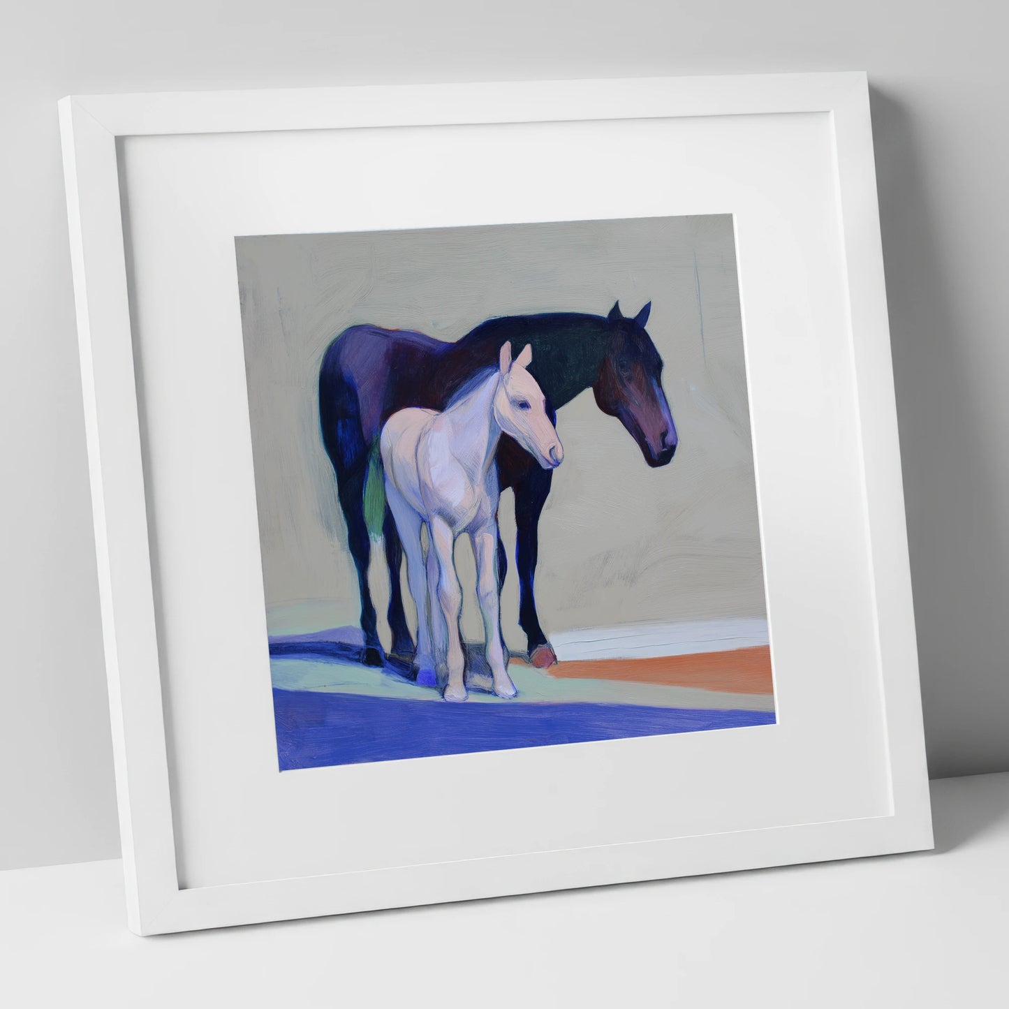 Indigo and Dawn mare & foal art print in white frame