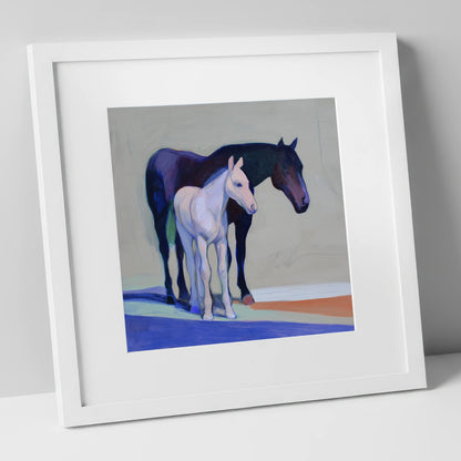 Indigo and Dawn mare & foal art print in white frame