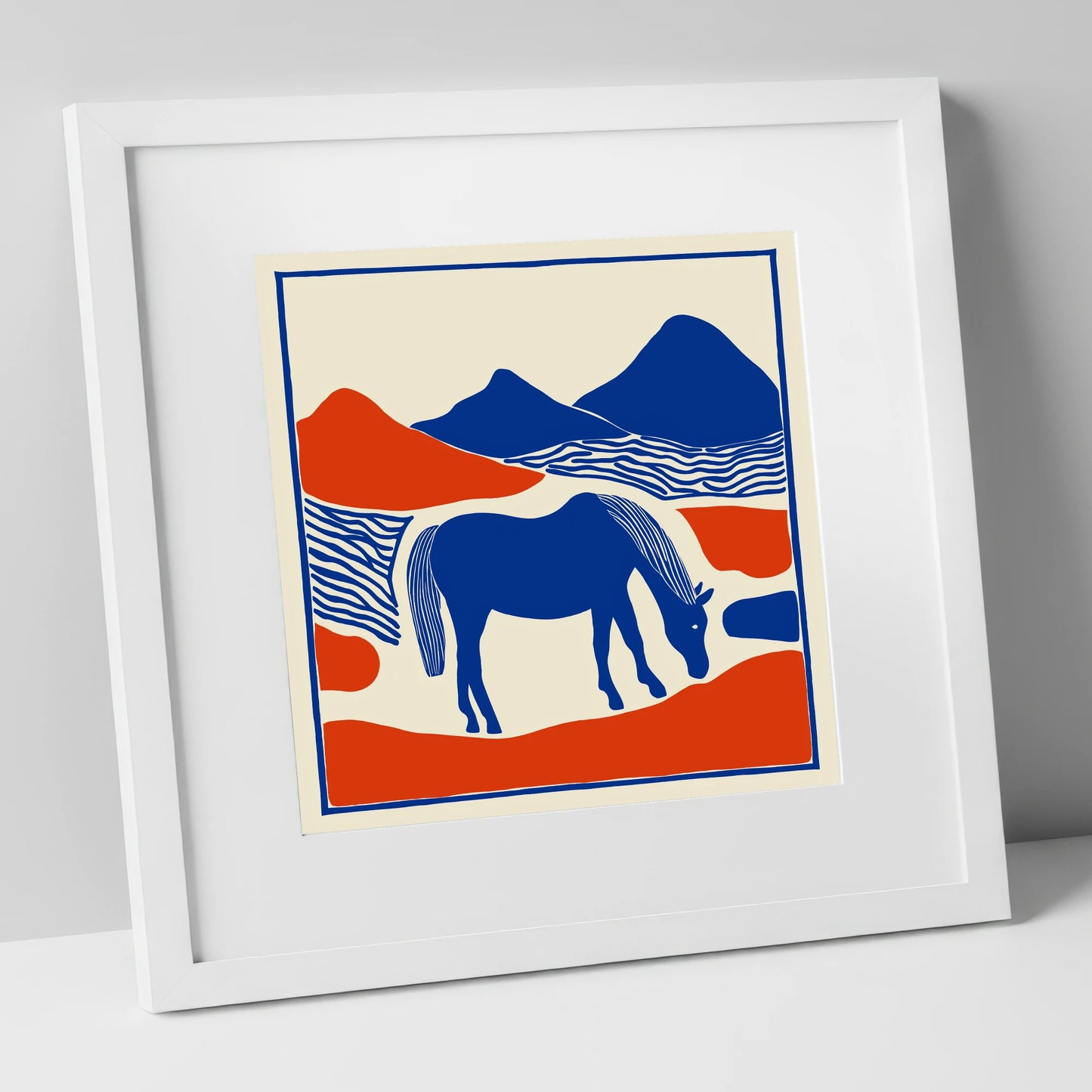 Cobalt Pastures horse landscape art print in white frame
