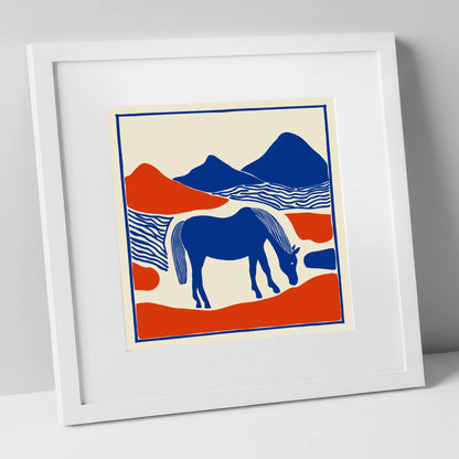 Cobalt Pastures horse landscape art print in white frame