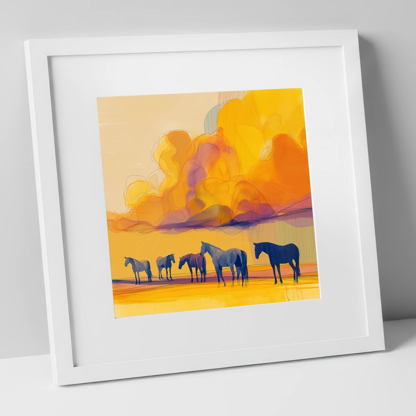 Vibrant Horizon Herd horse landscape art print in white frame