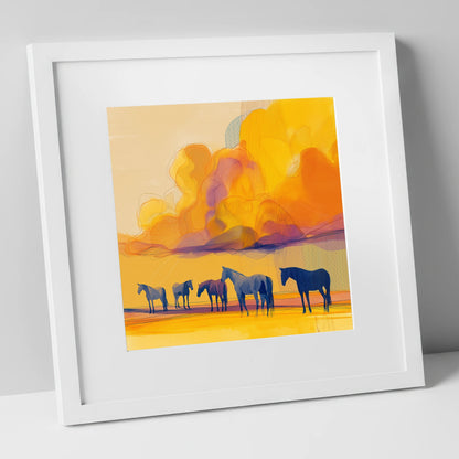Vibrant Horizon Herd horse landscape art print in white frame