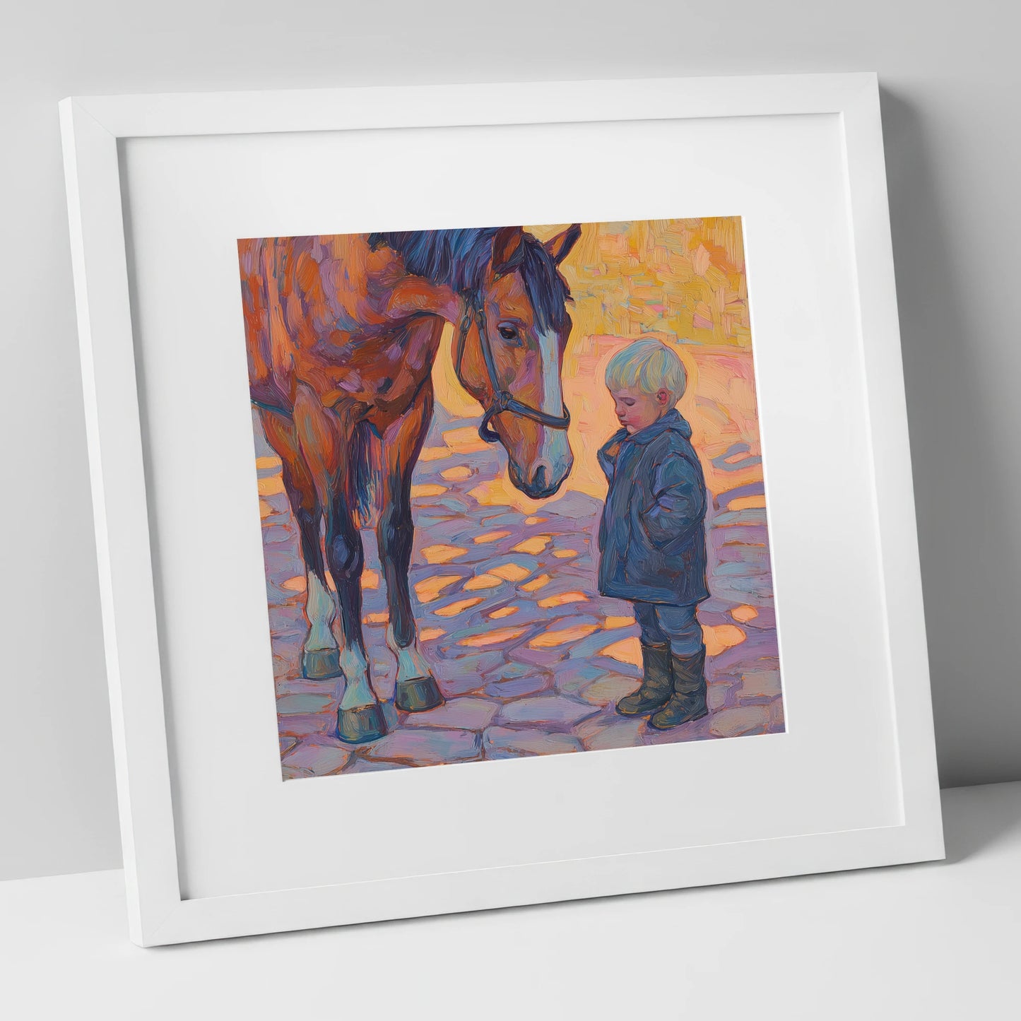 The Gentle Encounter horse & rider art print in white frame