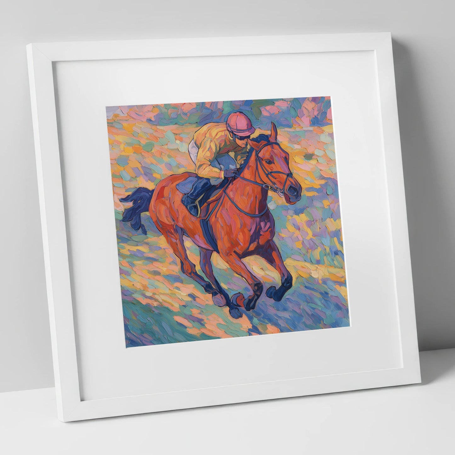 Vibrant Final Furlong racing horse art print in white frame