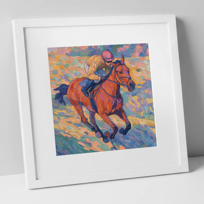 Vibrant Final Furlong racing horse art print in white frame