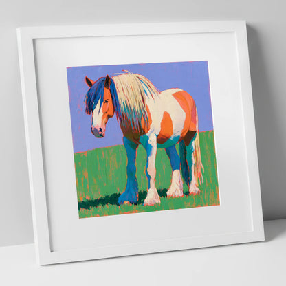 Vibrant Skewbald Gypsy Cob horse breed art print in white frame