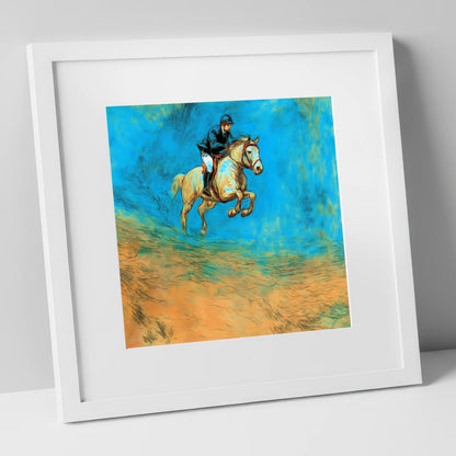 Flight in Cerulean show jumping horse art print in white frame