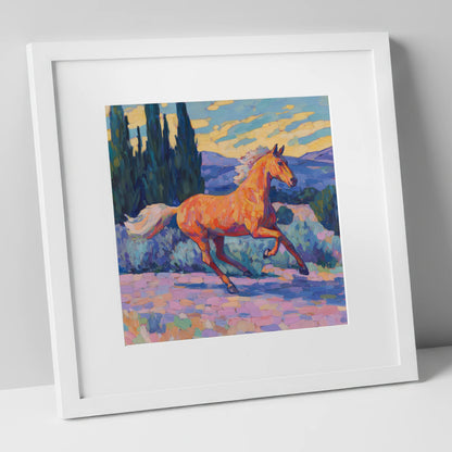 Vibrant Golden Canter horse breed art print in white frame