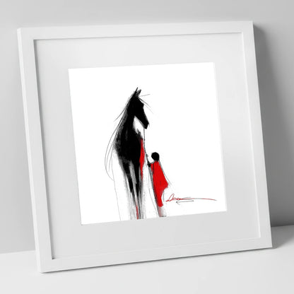 Crimson Connection horse & rider art print in white frame