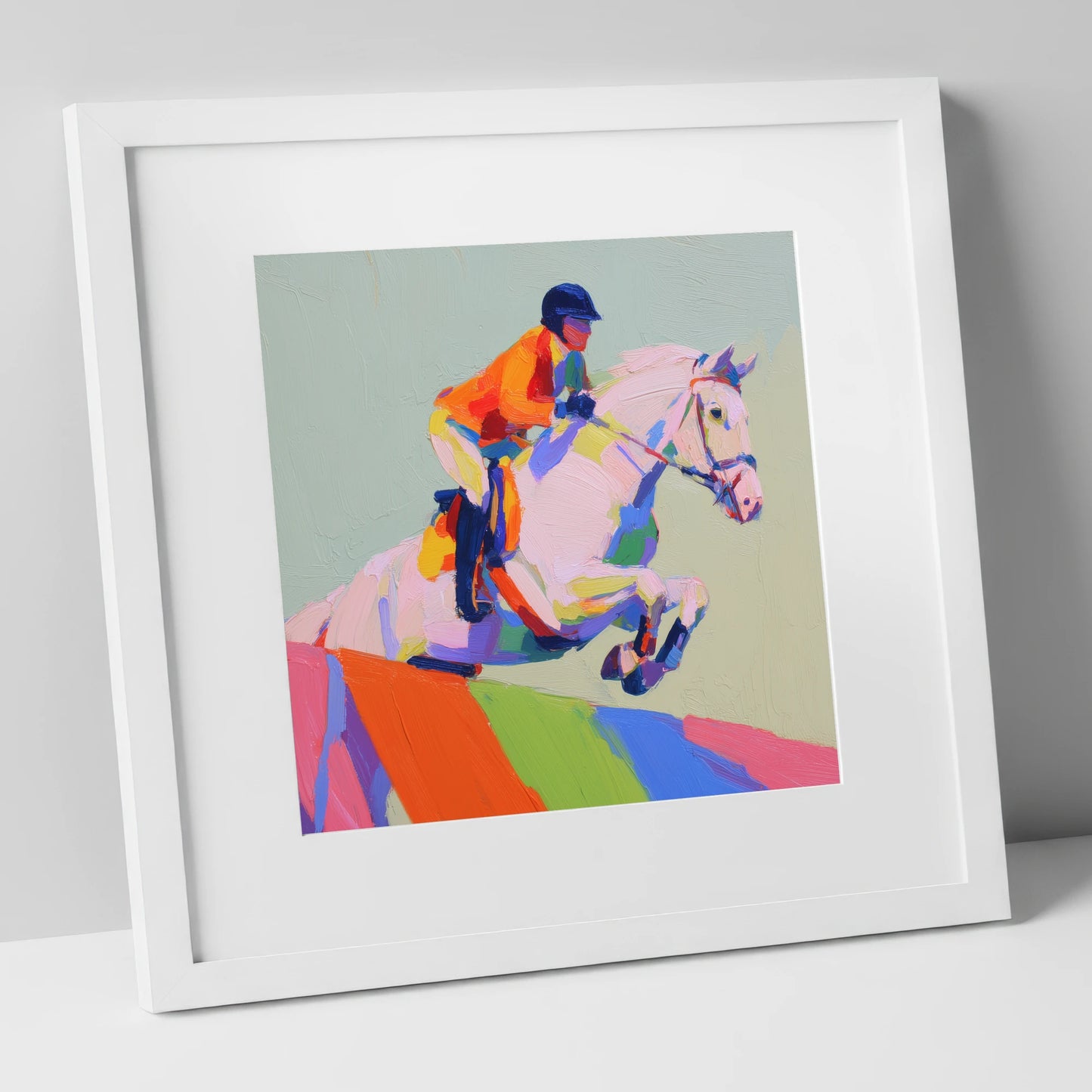 Vibrant Ascent show jumping horse art print in white frame