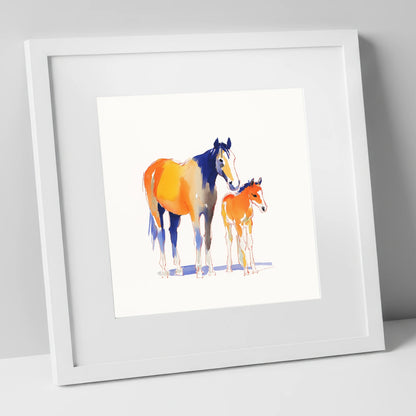 Sunlit Bond mare & foal art print in white frame