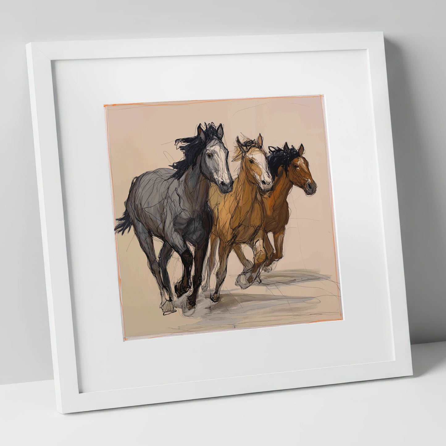 Spirited Trio wild horses art print in white frame