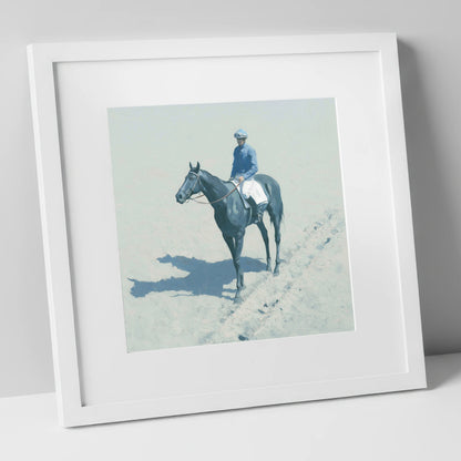 Dawn on the Gallops racing horse art print in white frame