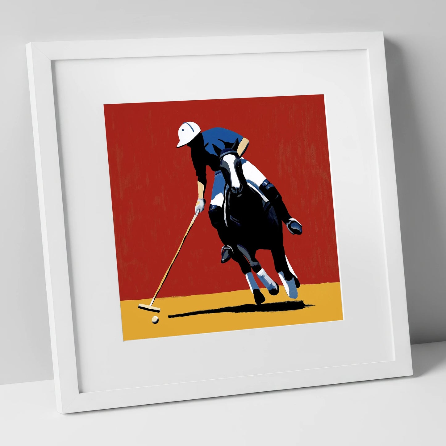 The Scarlet Pursuit polo horse art print in white frame