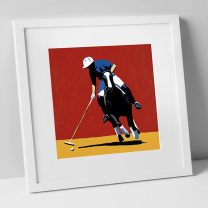 The Scarlet Pursuit polo horse art print in white frame