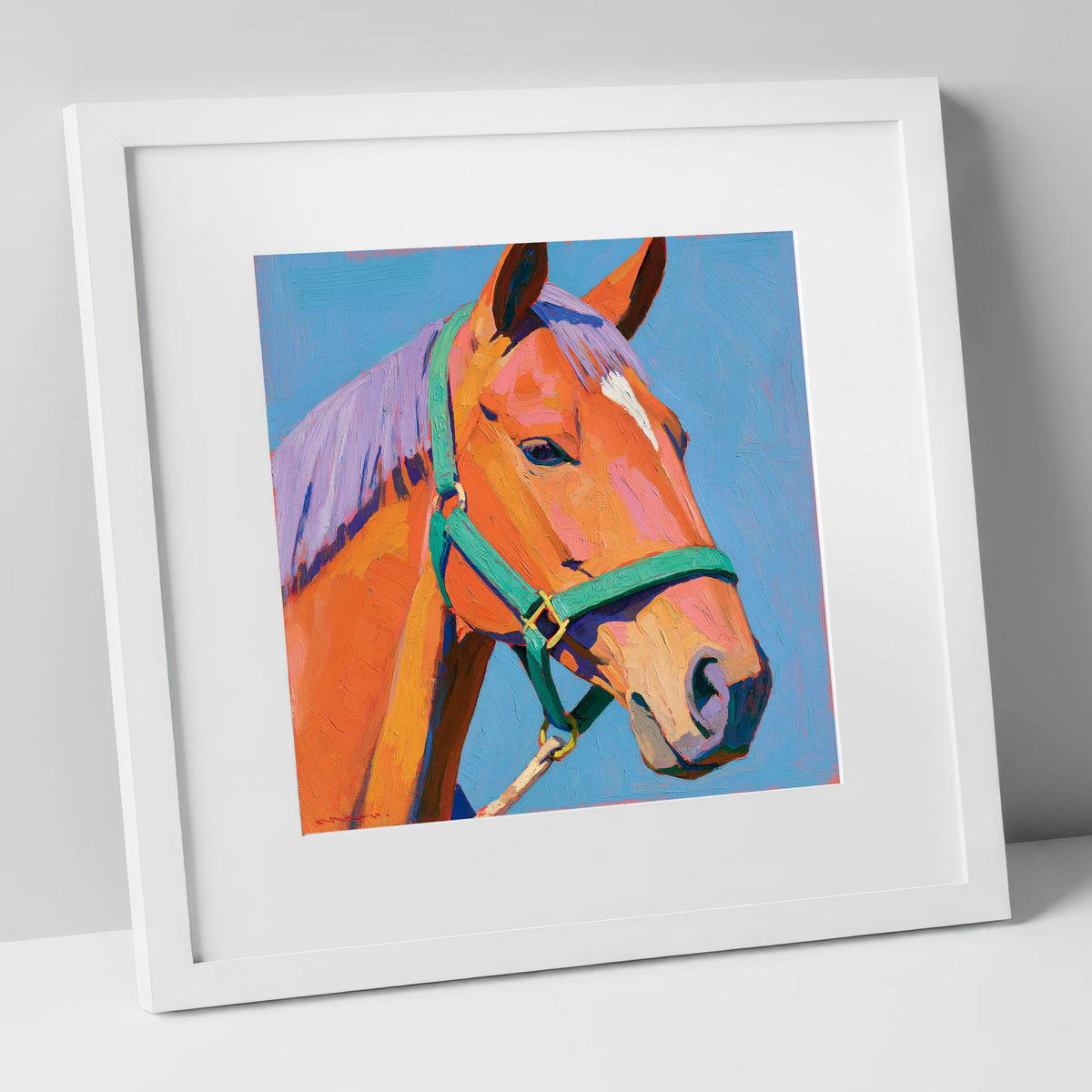 Colourful Chestnut Horse Portrait horse breed art print in white frame