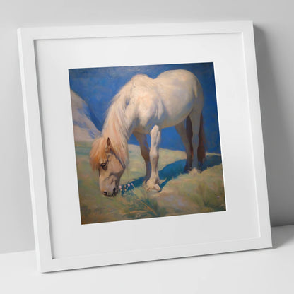 Sunlit Grazing horse breed art print in white frame