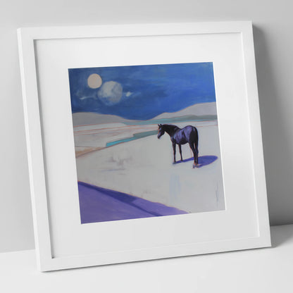 Midnight Solitude horse landscape art print in white frame