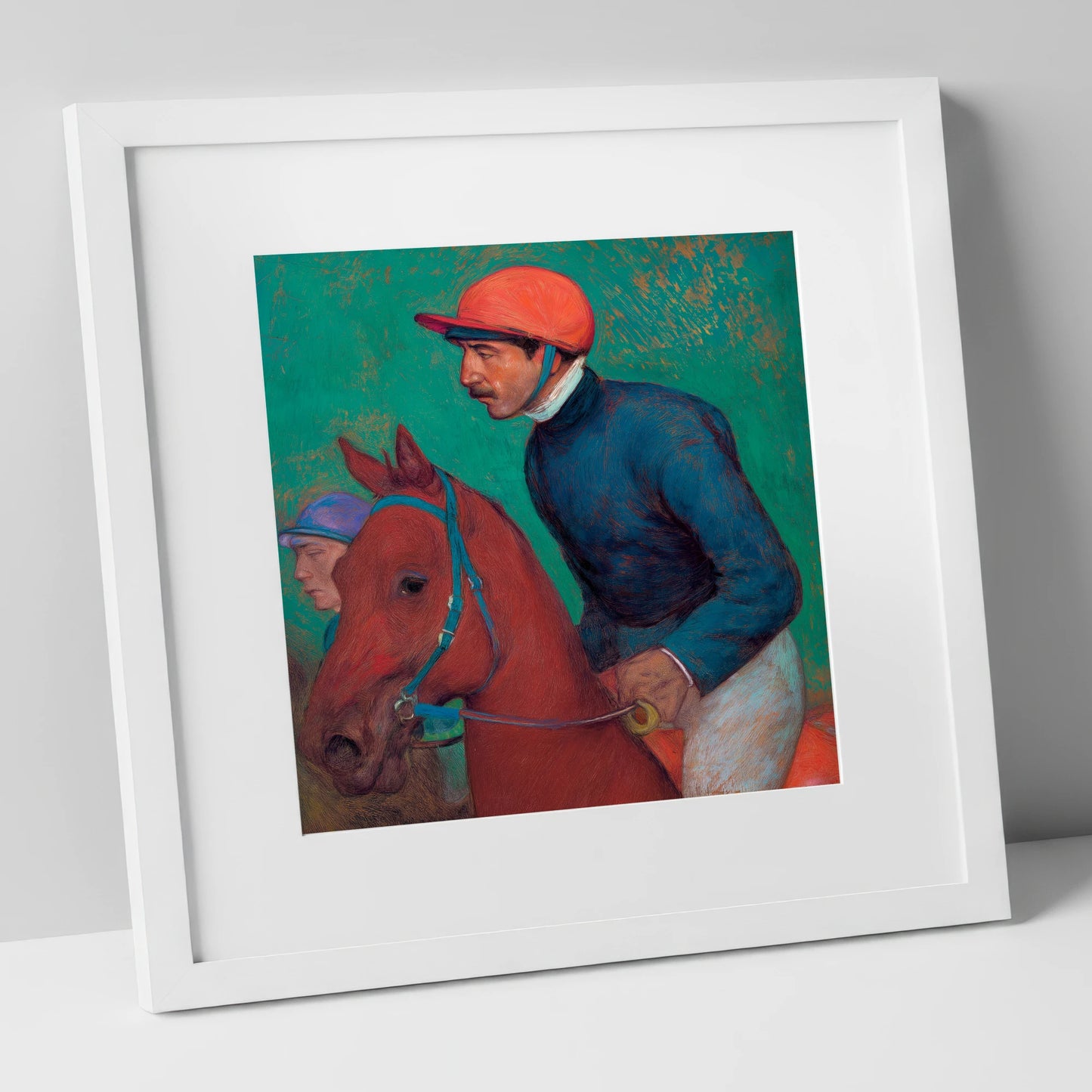 Turf Anticipation racing horse art print in white frame