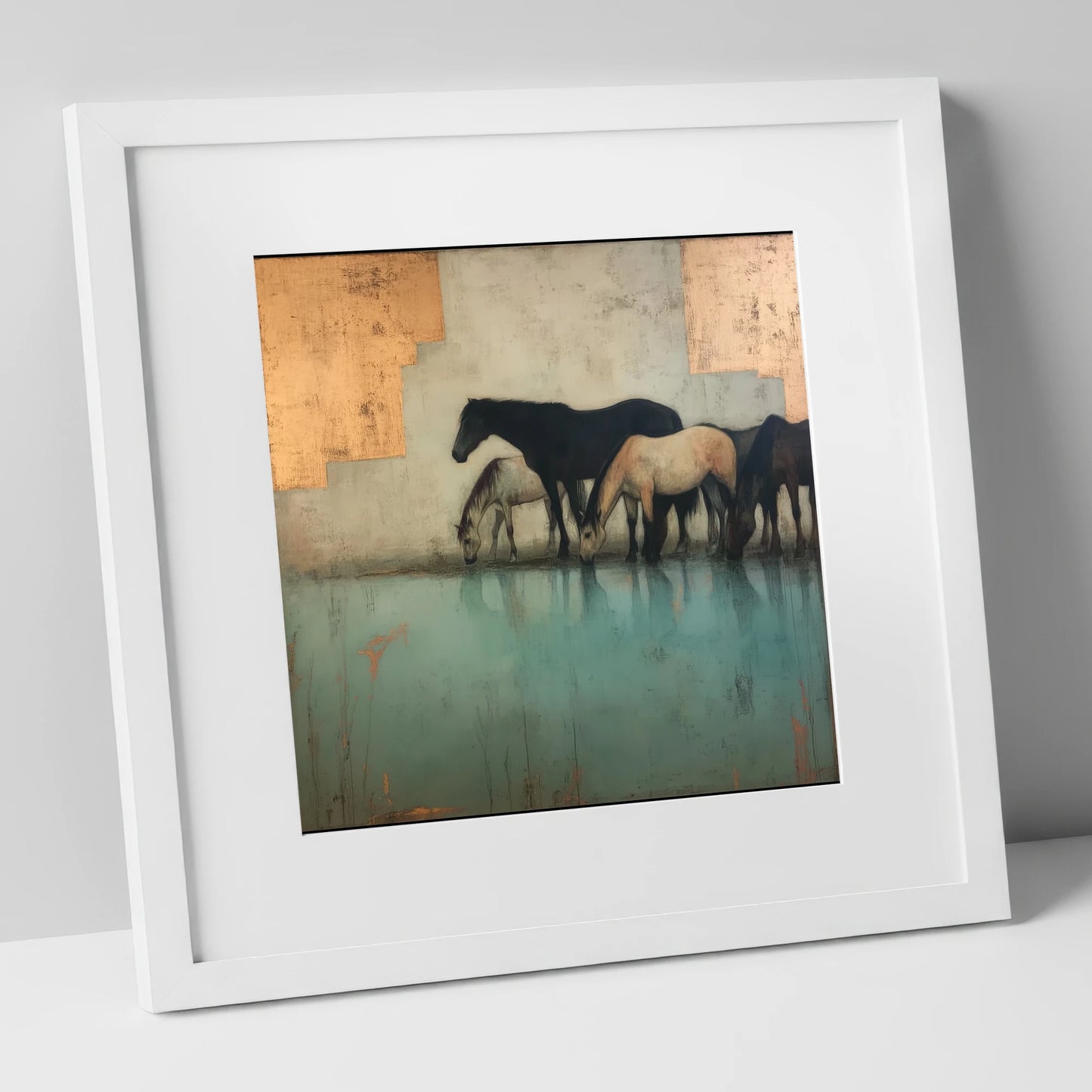 Gilded Herd Reflections wild horses art print in white frame