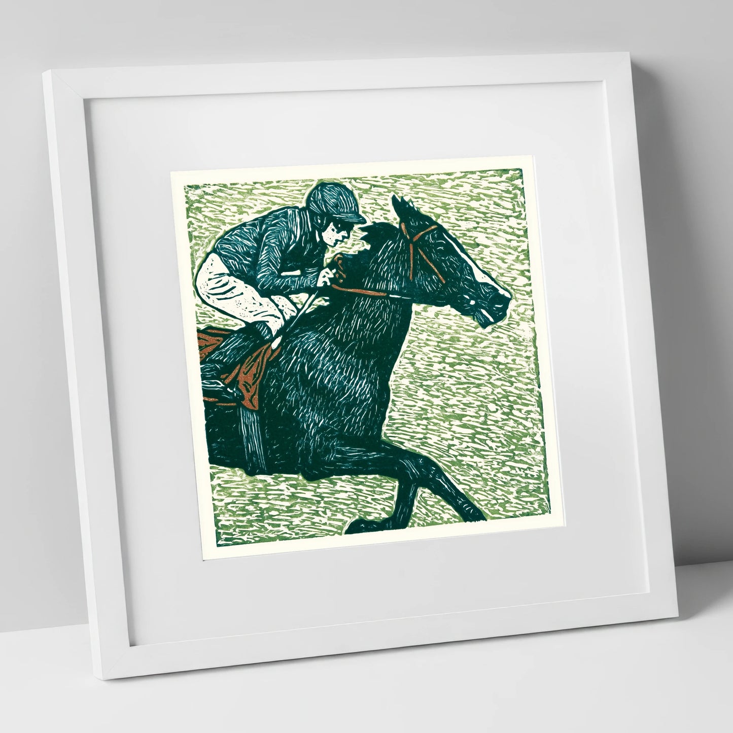 The Final Furlong racing horse art print in white frame