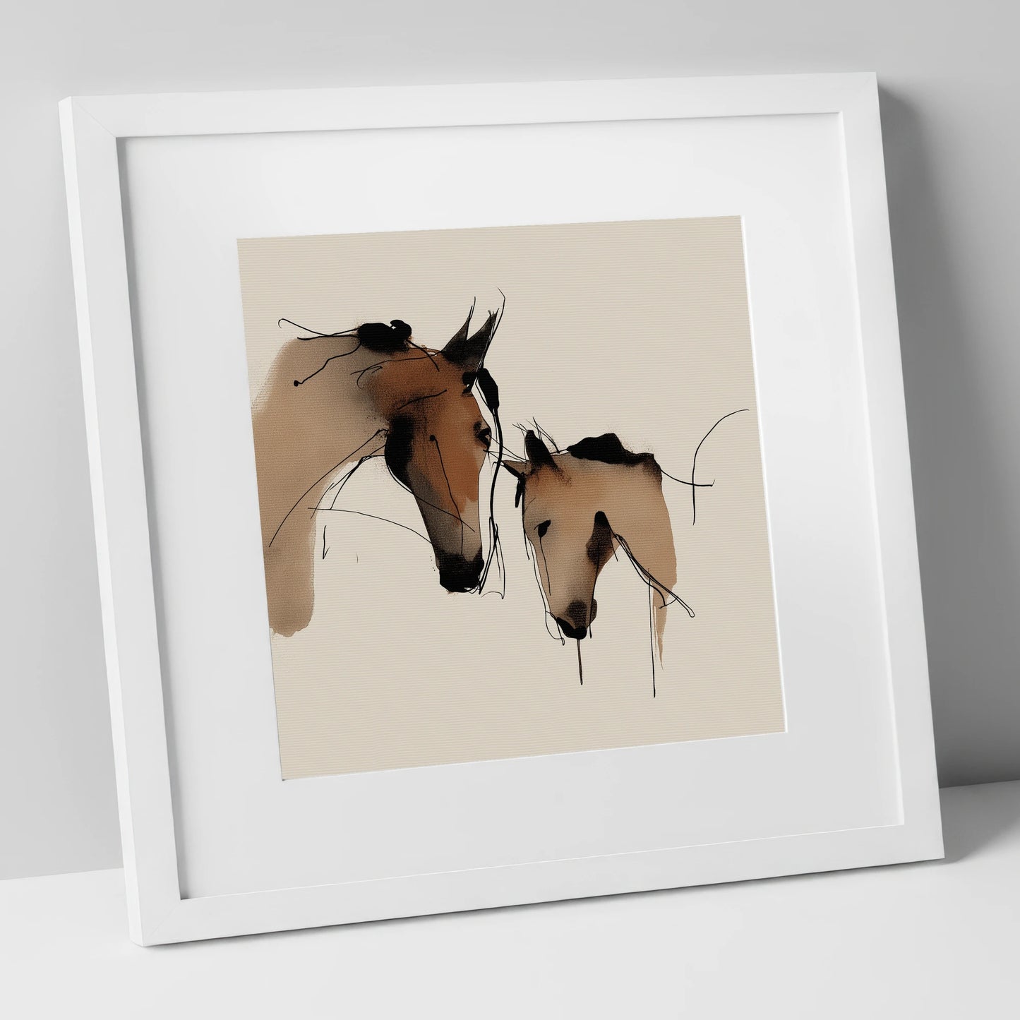 Gentle Kinship mare & foal art print in white frame