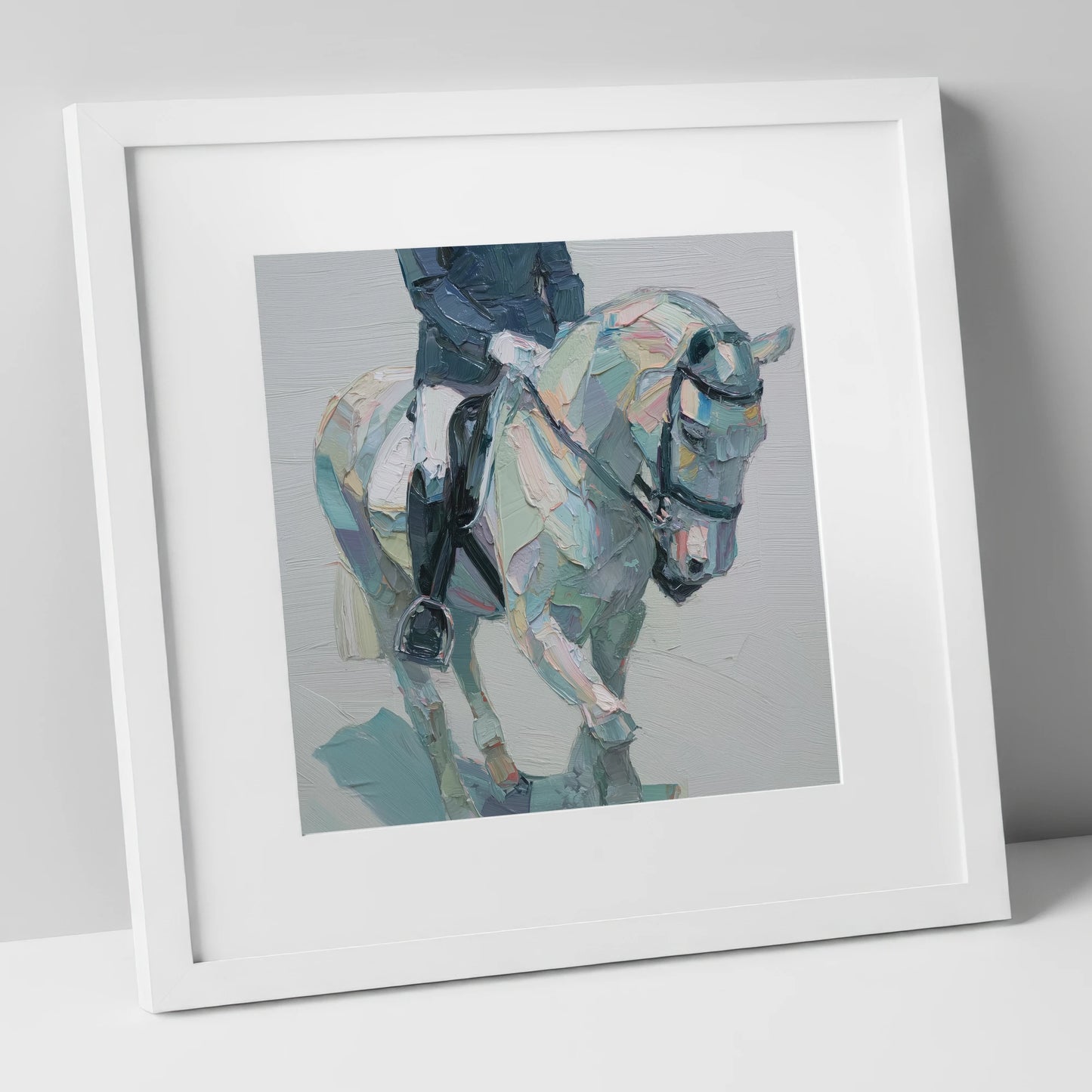 Collected In Pastel dressage horse art print in white frame