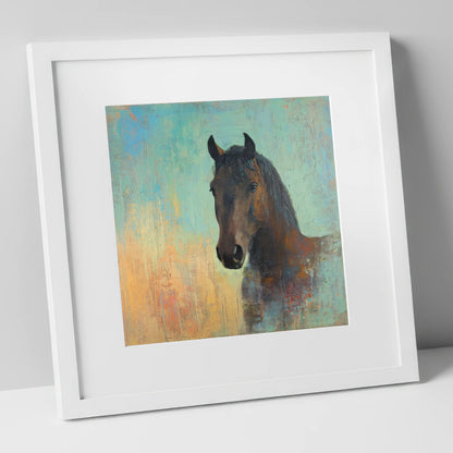 The Steadfast Bay horse portrait art print in white frame