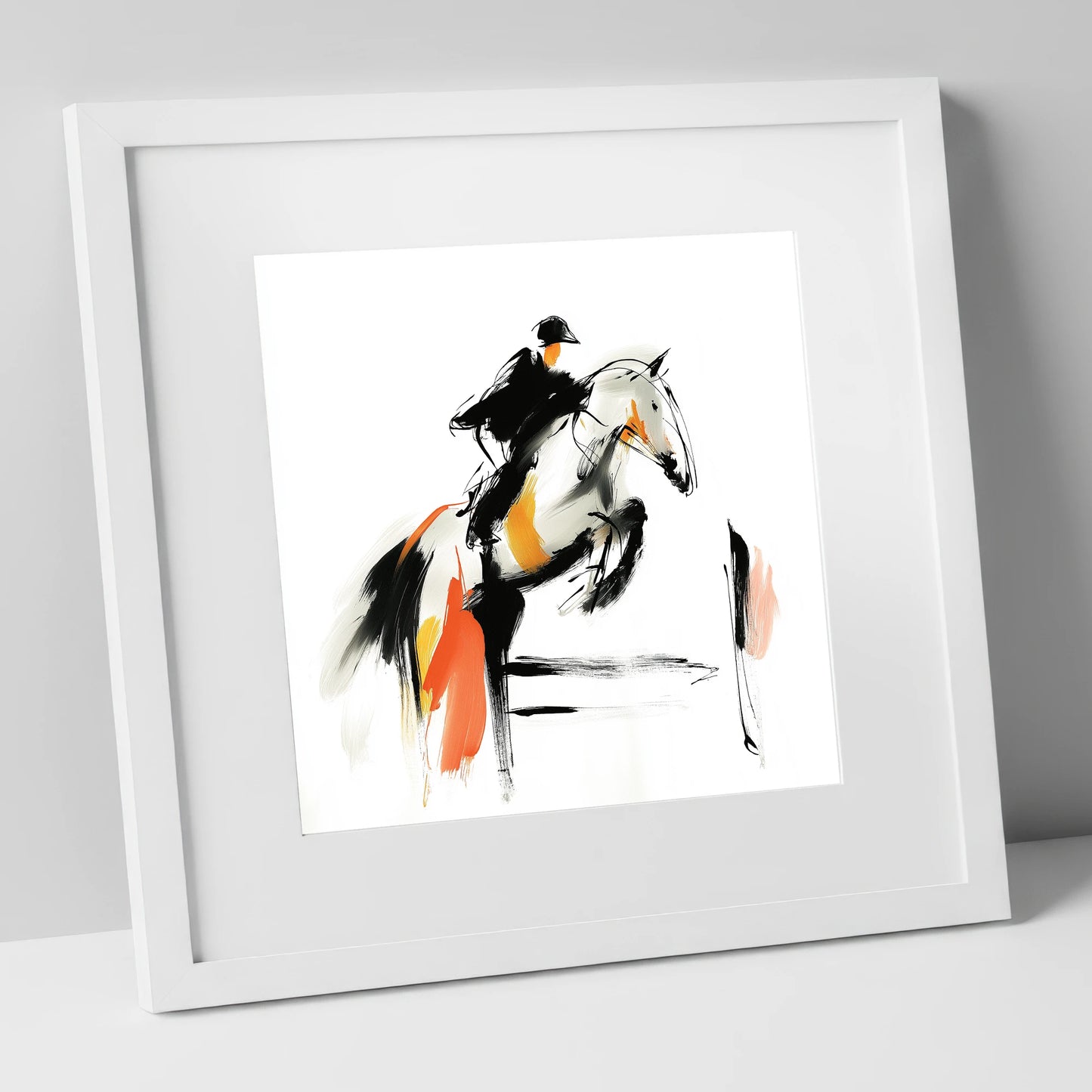 Spirited Ascent show jumping horse art print in white frame