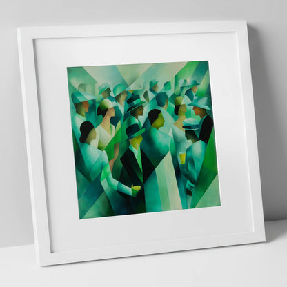 The Emerald Enclosure racing horse art print in white frame