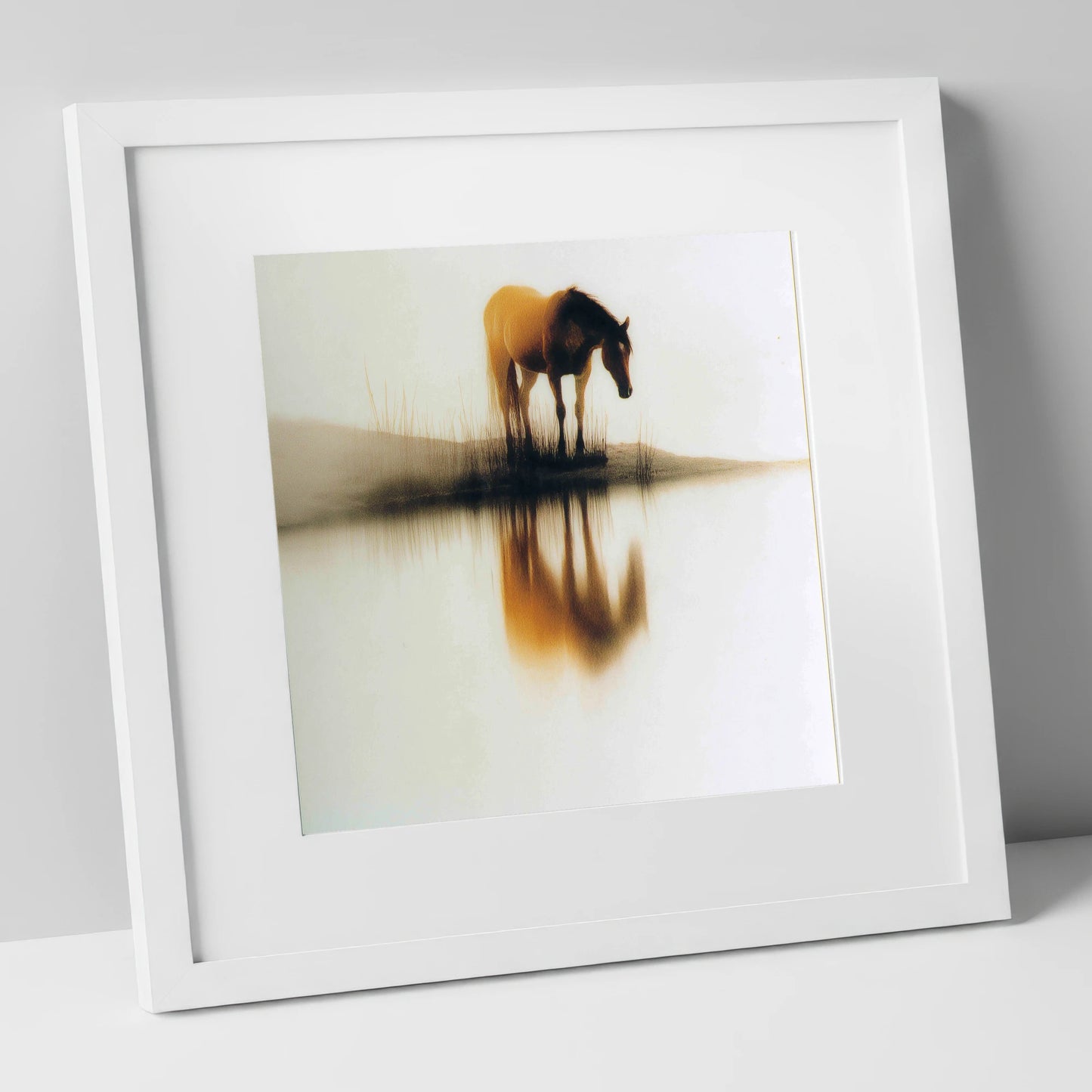 Amber Mist Reflection horse landscape art print in white frame