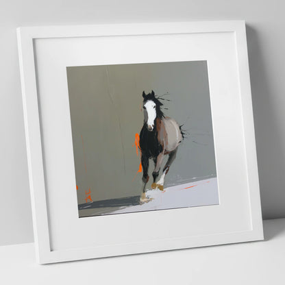 Striking Forward Impulse horse portrait art print in white frame