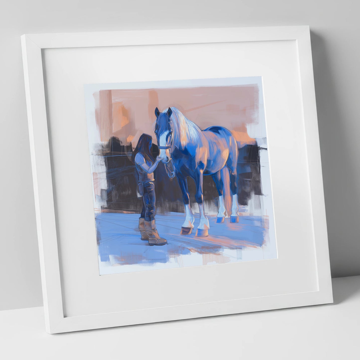 The Gentle Bond horse & rider art print in white frame