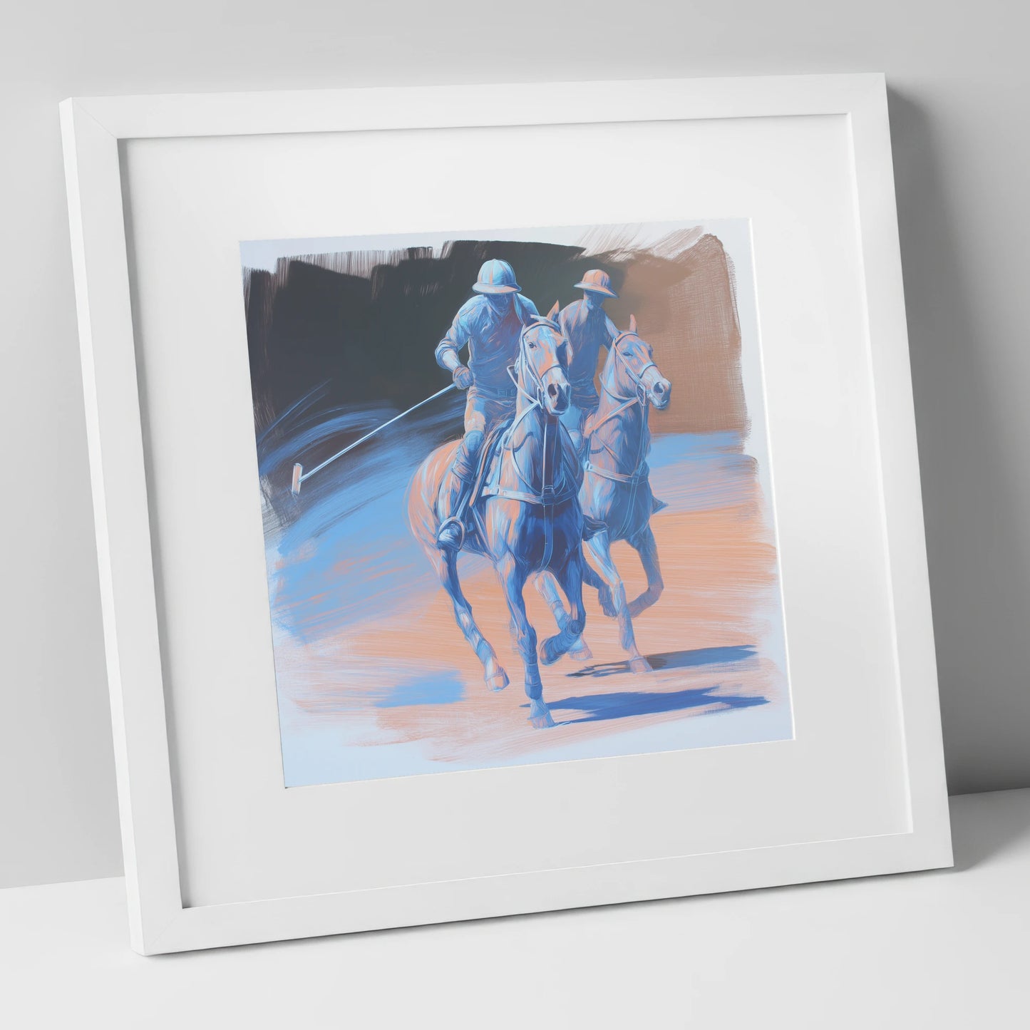 Cobalt Polo Pursuit polo horse art print in white frame
